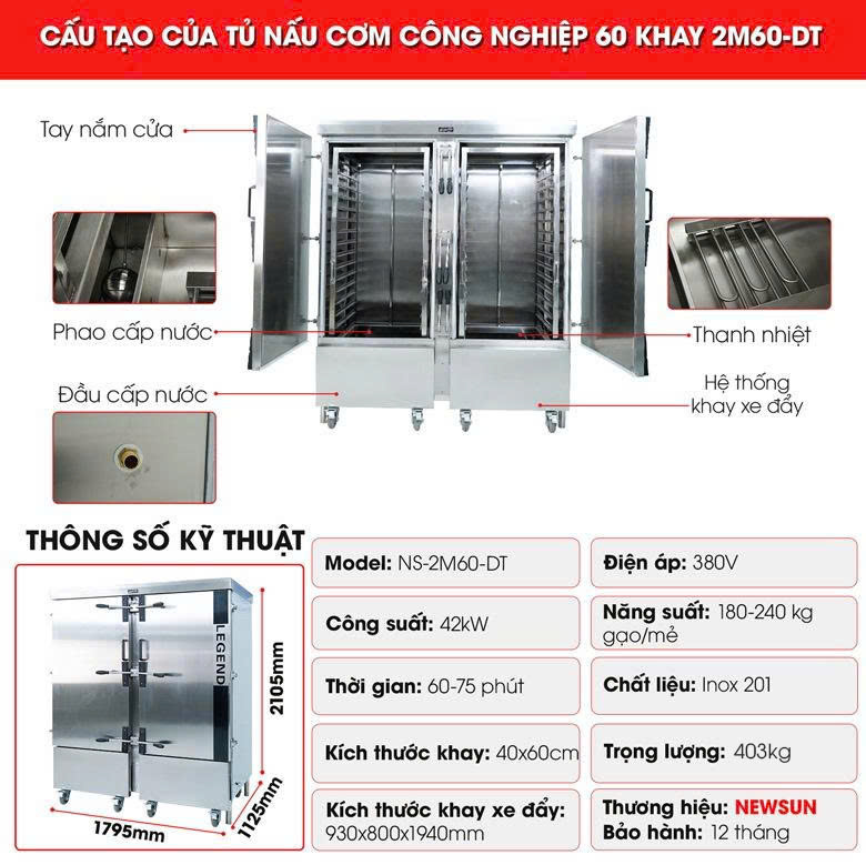 Cấu tạo của tủ nấu cơm công nghiệp 60 khay 2M60-DT cao cấp