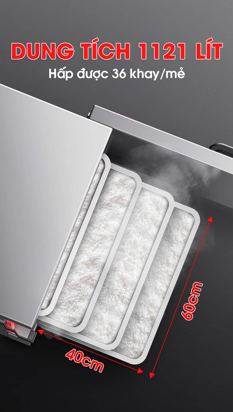 Dung tích tủ lớn, giúp hấp được nhiều khay