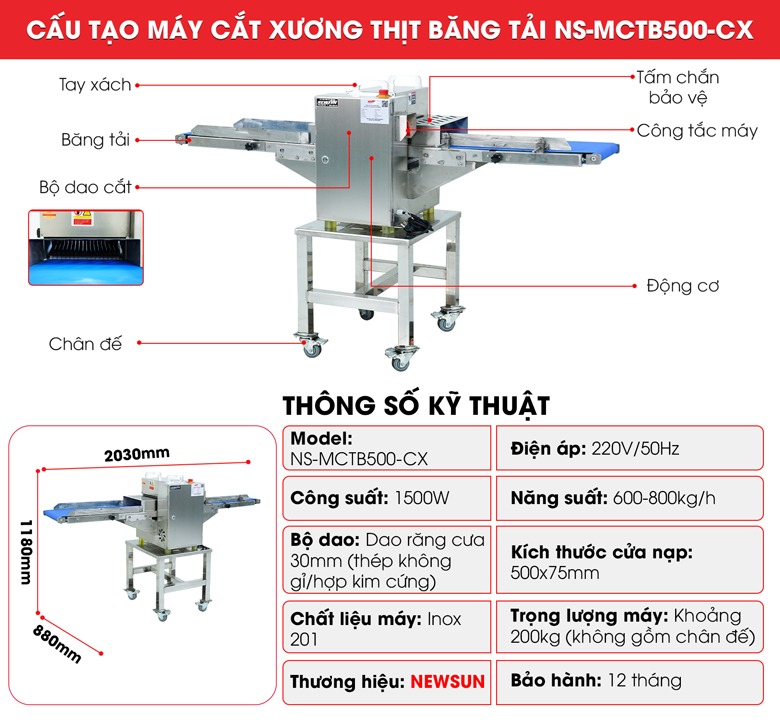 Cấu tạo máy cắt xương thịt băng tải NS-MCTB500-CX