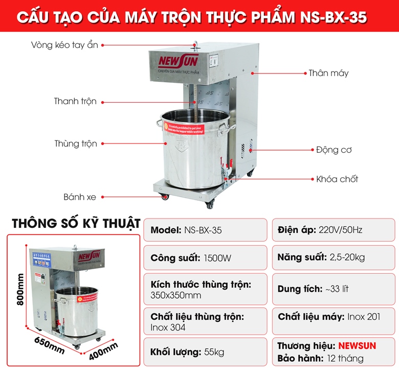 Cấu tạo máy trộn thực phẩm đa năng NS-BX-35