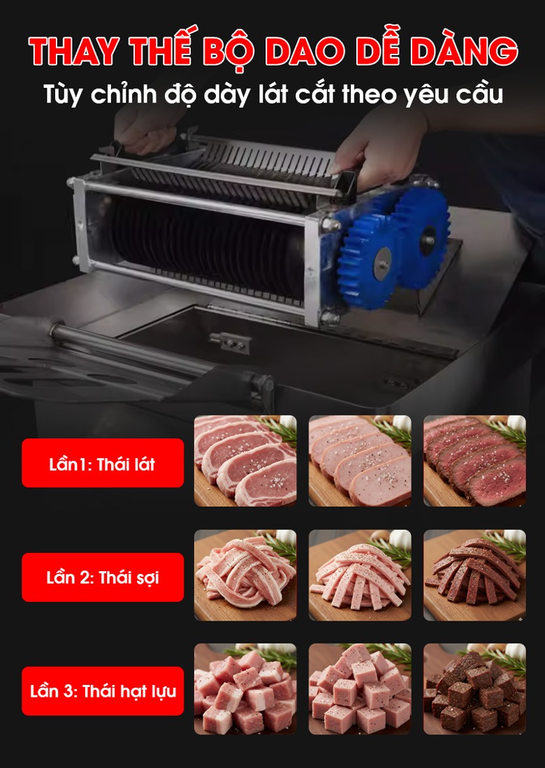 Thiết kế thay dao dễ dàng, tuỳ chỉnh độ dày lát cắt theo yêu cầu Thiết kế thay dao dễ dàng, tuỳ chỉnh độ dày lát cắt theo yêu cầu