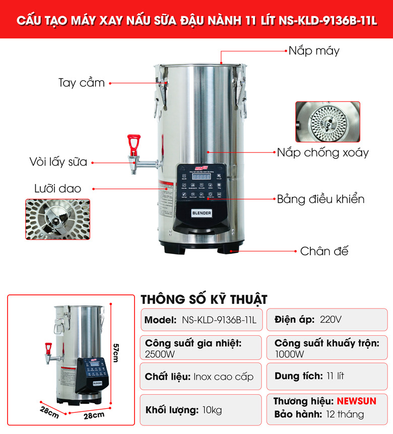 Cấu tạo máy xay nấu sữa đậu nành 11 lít NS-KLD-9136B-11L