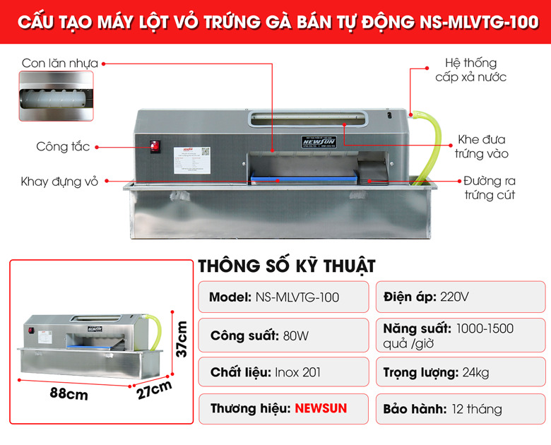 Cấu tạo máy lột vỏ trứng bà bán tự động NS-MLVTG-100