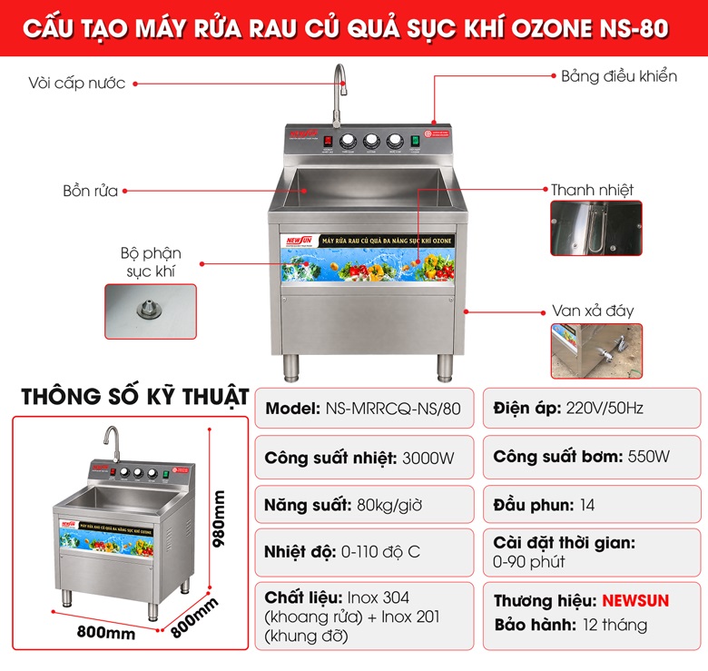 Cấu tạo máy rửa rau củ quả sục khí ozone NS-80
