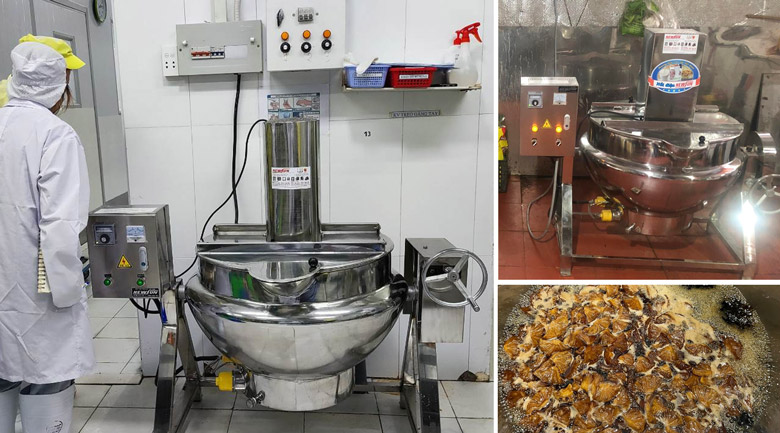 Đổ từ từ nguyên liệu vào chảo