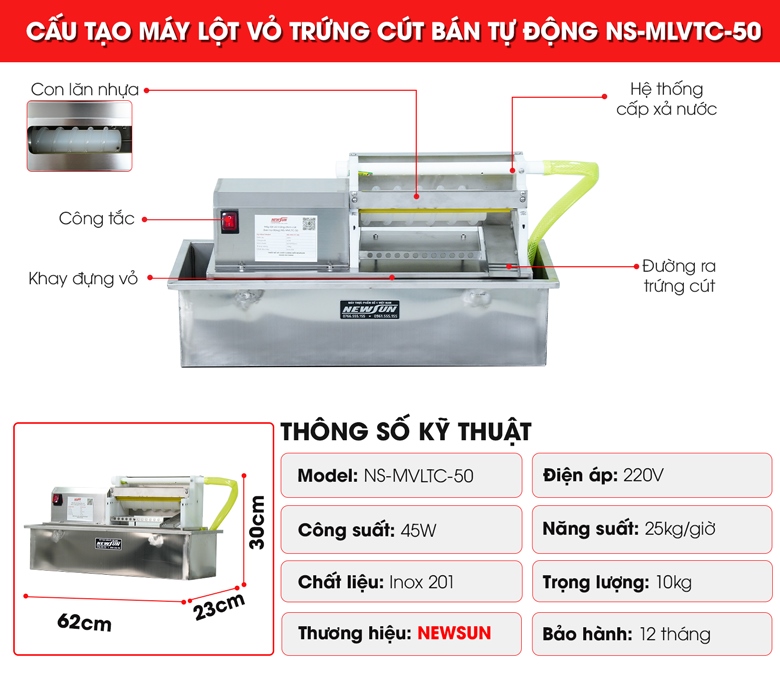 Cấu tạo của máy lột vỏ trứng chim cút bán tự động NS-MLVTC-50  