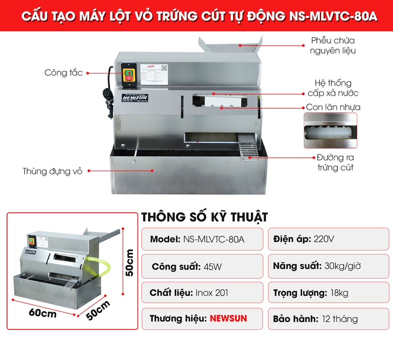 Cấu tạo máy lột vỏ trứng cút tự động NS-MLVTC-80A