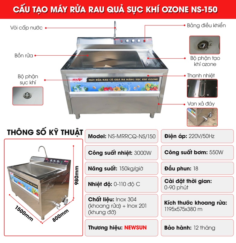 Cấu tạo máy rửa rau củ quả sục khí ozone NS-150 Inox 304