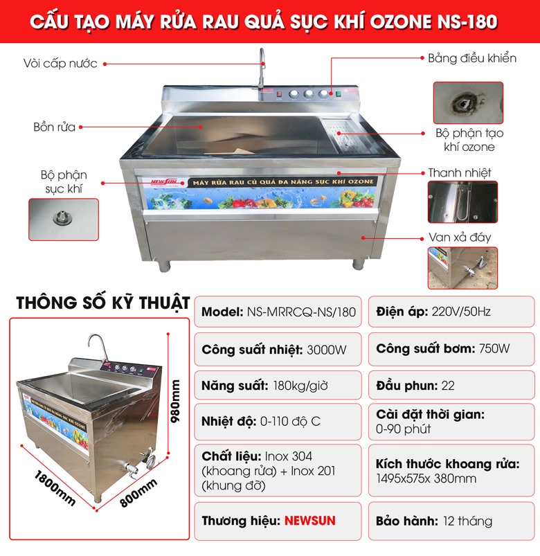 Cấu tạo của máy rửa rau củ quả sục khí ozone NS-180