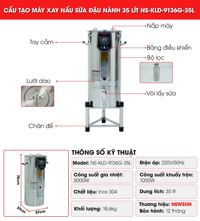 Cấu tạo máy xay nấu sữa đậu nành 35 lít  NS-KLD-9136G-35L 