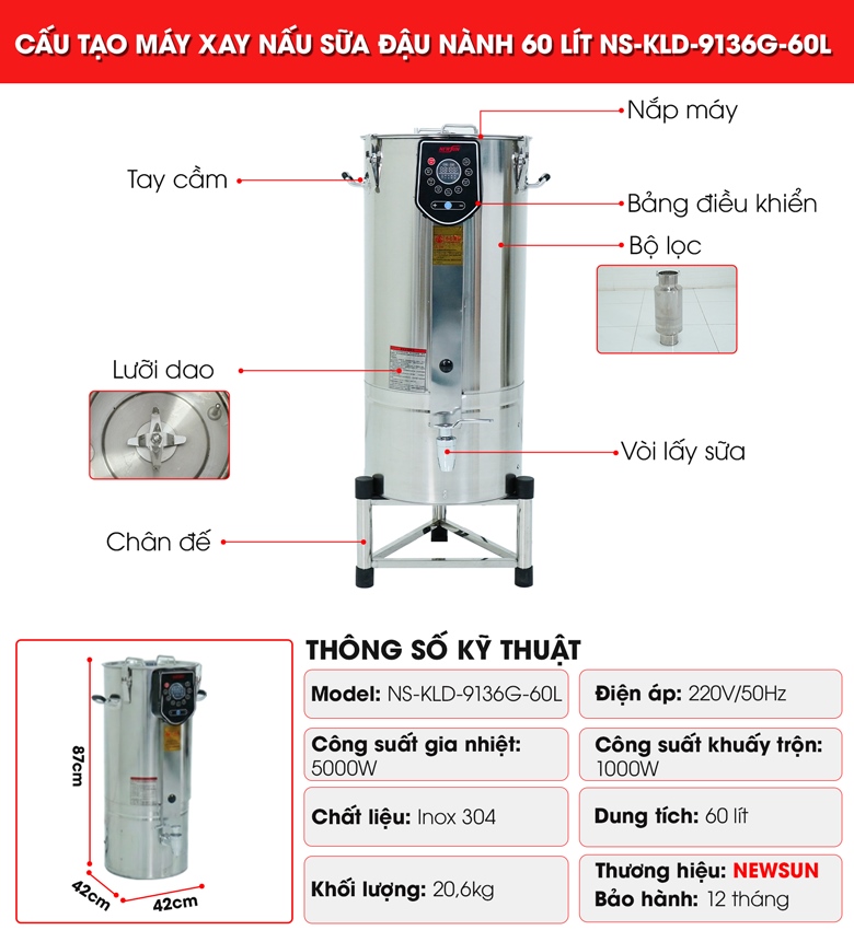 Cấu tạo của máy xay nấu sữa đậu nành 60 lít NS-KLD-9136G-60L