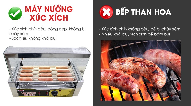 Máy nướng xúc xích giúp gia nhiệt đồng đều toàn bộ bề mặt sản phẩm