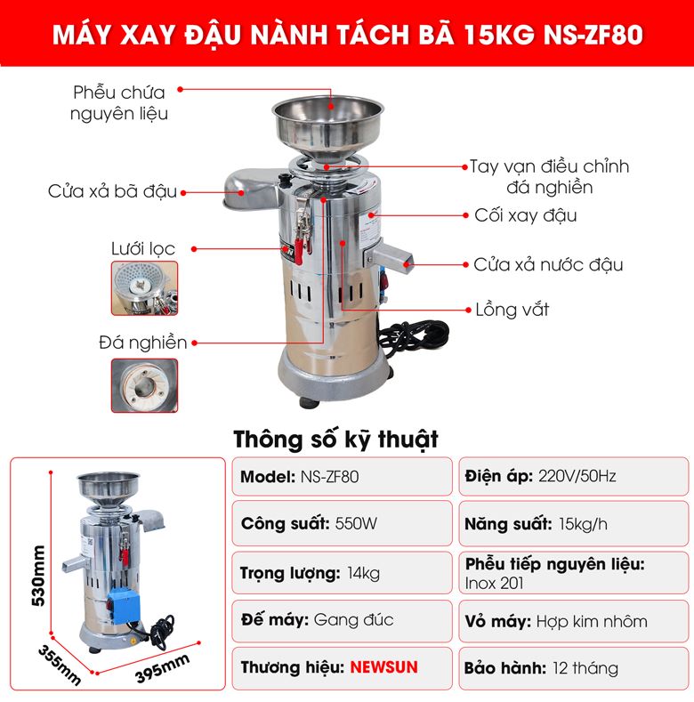 Cấu tạo máy xay đậu nành tách bã 15kg NS-ZF80
