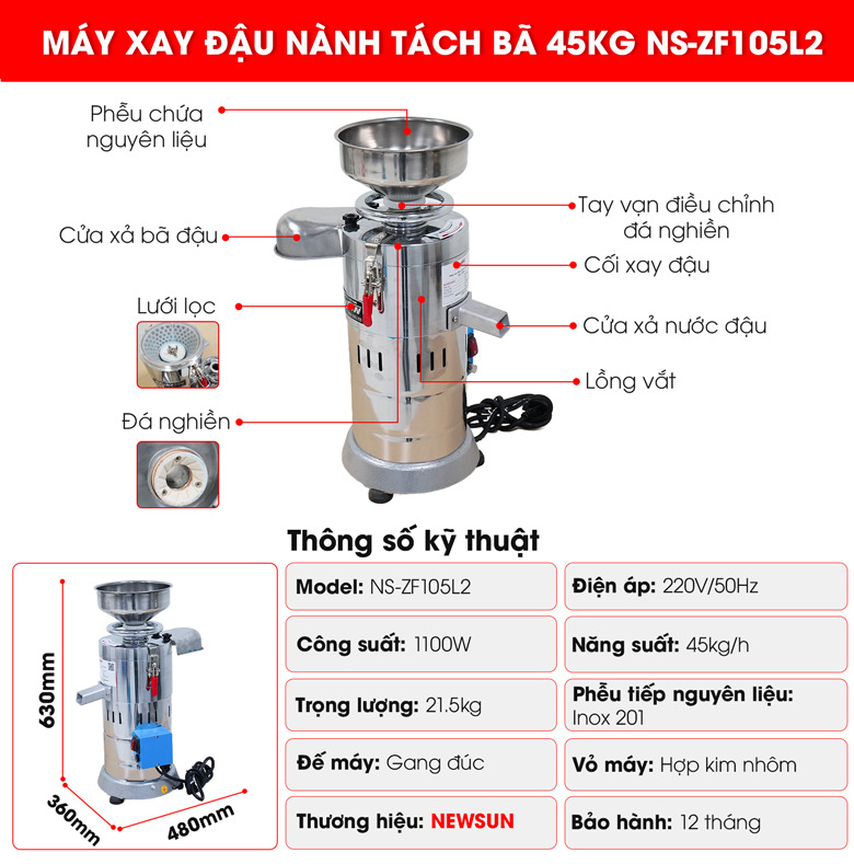 Cấu tạo chi tiết máy xay đậu nành tách bã 45kg NS-ZF105L2 
