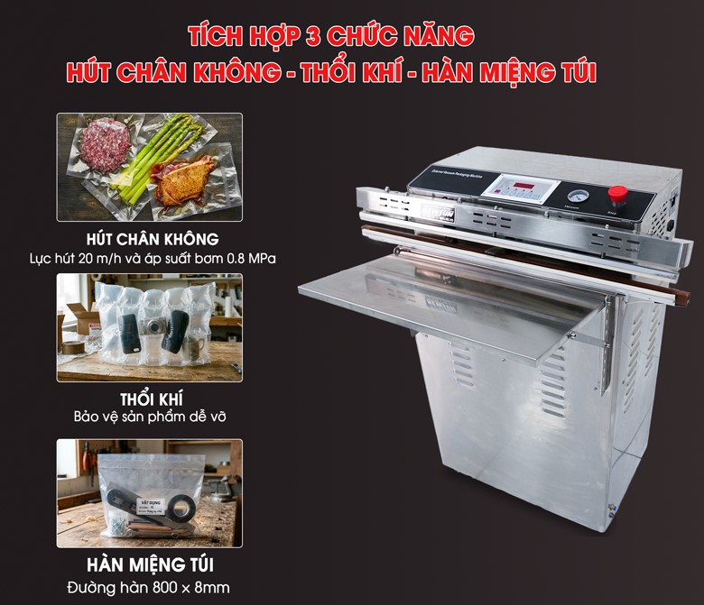 Tích hợp 3 chức năng: Hút chân không, thổi khí và hàn miệng túi