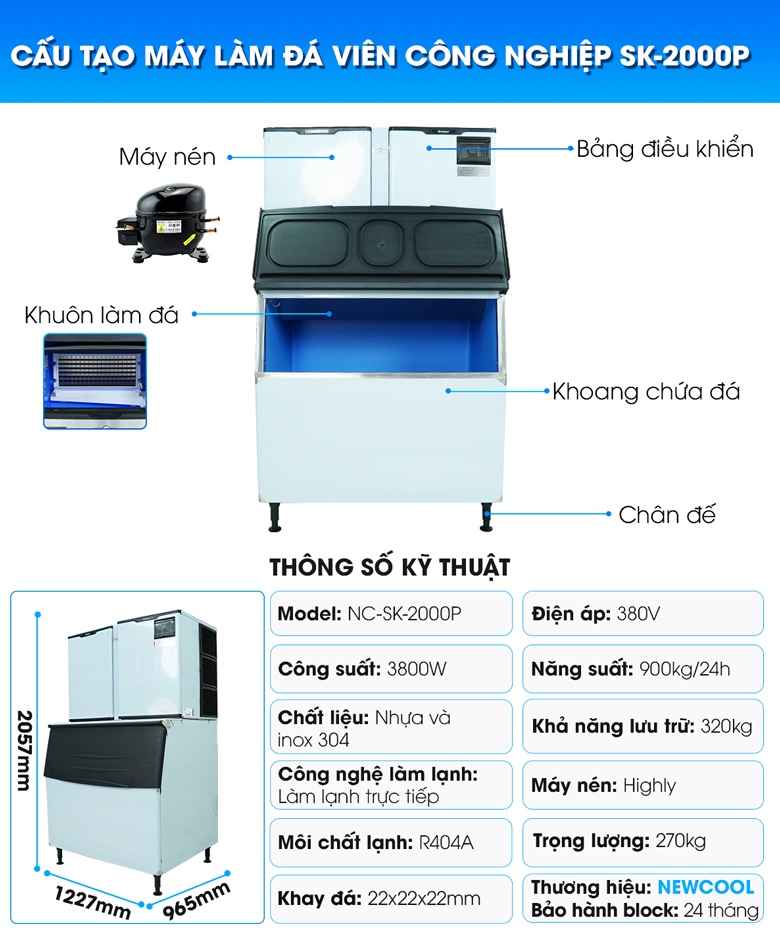 Cấu tạo máy làm đá viên công nghiệp 900kg SK-2000P