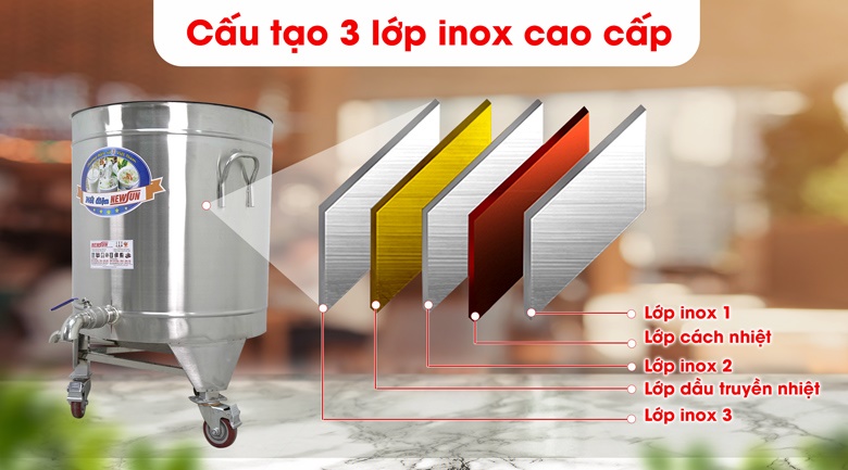 Thiết kế thành nồi 3 lớp inox, có cách nhiệt