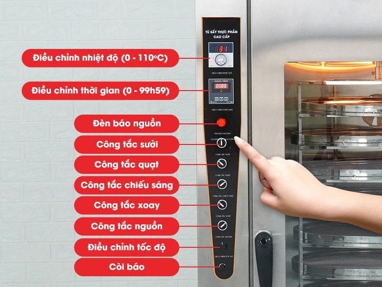 Máy sấy hoa quả bằng điện có thể dễ dàng cài đặt nhiệt độ thông qua bảng điều khiển