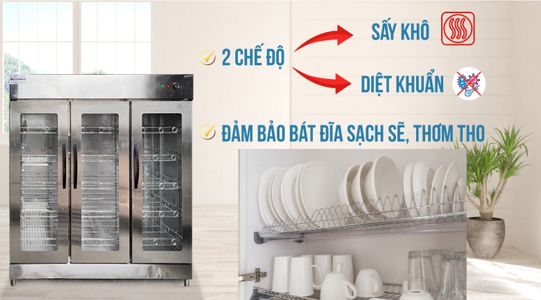 Tủ sấy khô bát đĩa kết hợp khử mùi, diệt khuẩn giúp đảm bảo an toàn thực phẩm