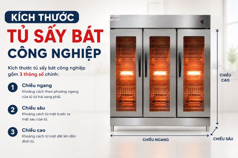 Kích thước tủ sấy bát công nghiệp với 3 thông số chính