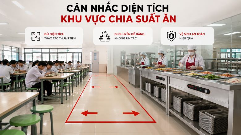 Lựa chọn bàn hâm nóng thức ăn cho canteen trường học theo diện tích khu vực chia suất ăn