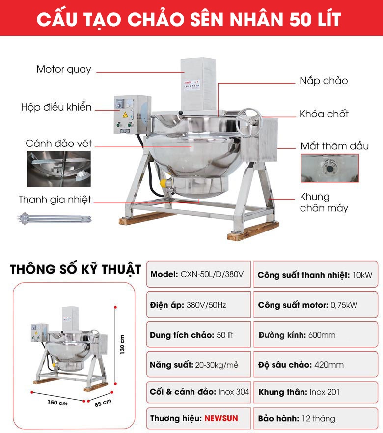 Cấu tạo chi tiết nồi sên nhân 50 lít