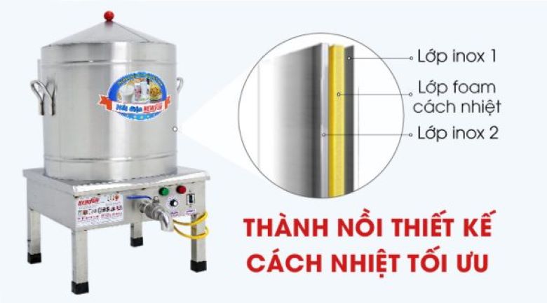 Thân nồi của nồi nấu xôi bằng inox được cách nhiệt tối ưu 