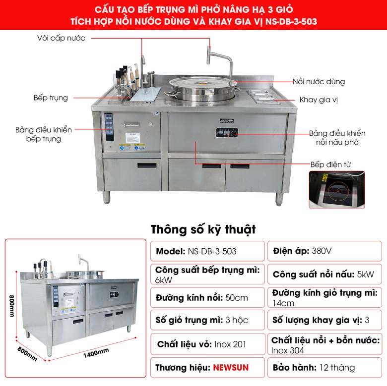 Cấu tạo bếp trụng mì phở nâng hạ 3 giỏ tích hợp nồi nước dùng và khay gia vị NS-DB-3-503 