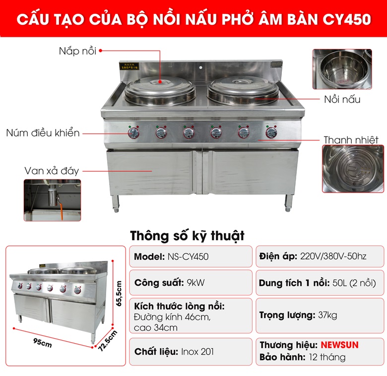 Cấu tạo bộ nồi nấu phở âm bàn CY450 (2 nồi) 