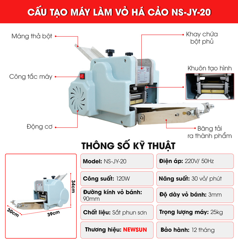 Cấu tạo chi tiết của máy làm vỏ há cảo NS-JY-20