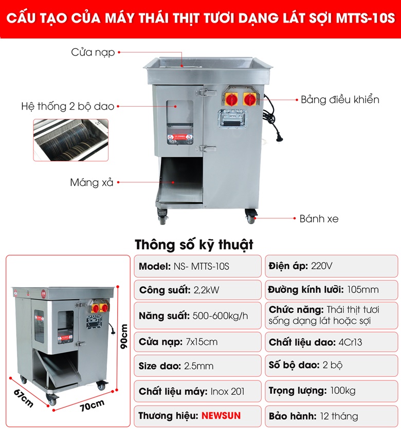Cấu tạo của máy thái thịt tươi dạng lát sợi MTTS-10S
