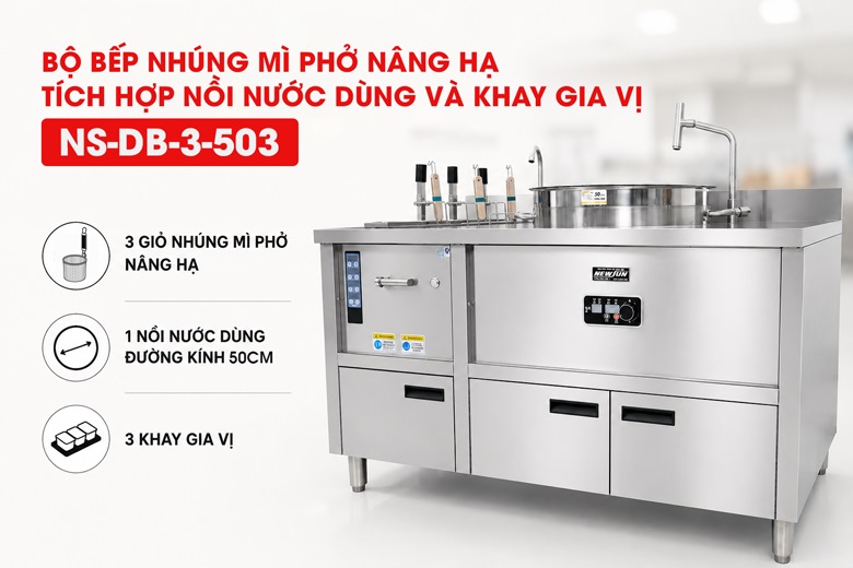 Bếp trụng mì phở nâng hạ 3 giỏ tích hợp nồi nước dùng và khay gia vị NS-DB-3-503