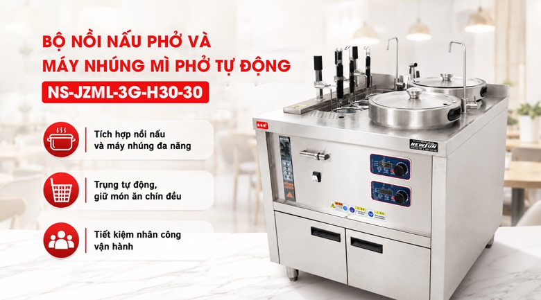 Bộ nồi nấu phở đôi và máy nhúng phở mì tự động NS-JZML-3G-H30-30