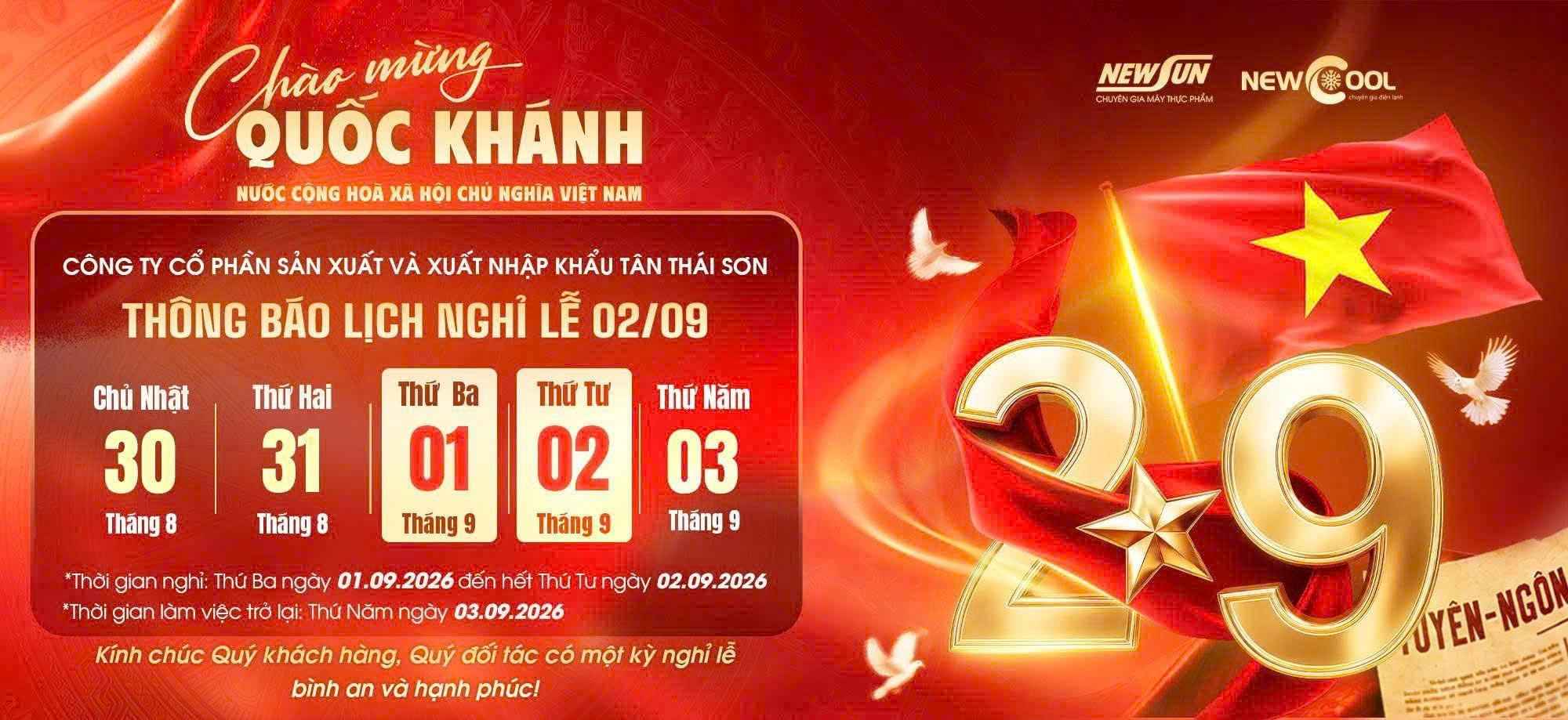 NEWSUN thông báo lịch nghỉ lễ Quốc Khánh 2/9