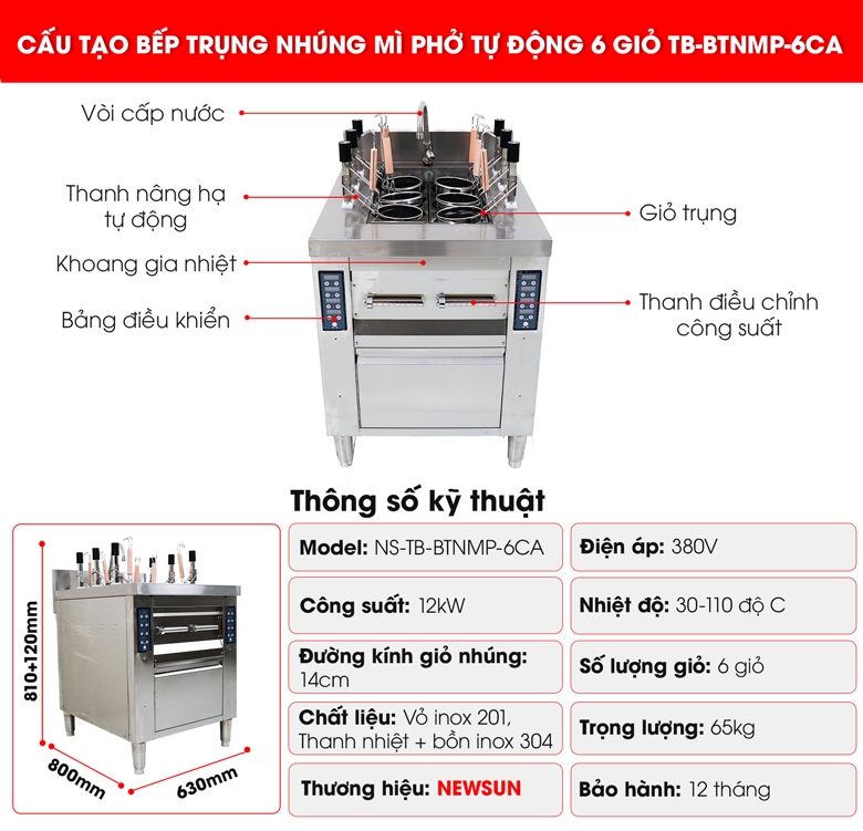 Cấu tạo bếp trụng nhúng mì phở tự động 6 giỏ TB-BTNMP-6CA