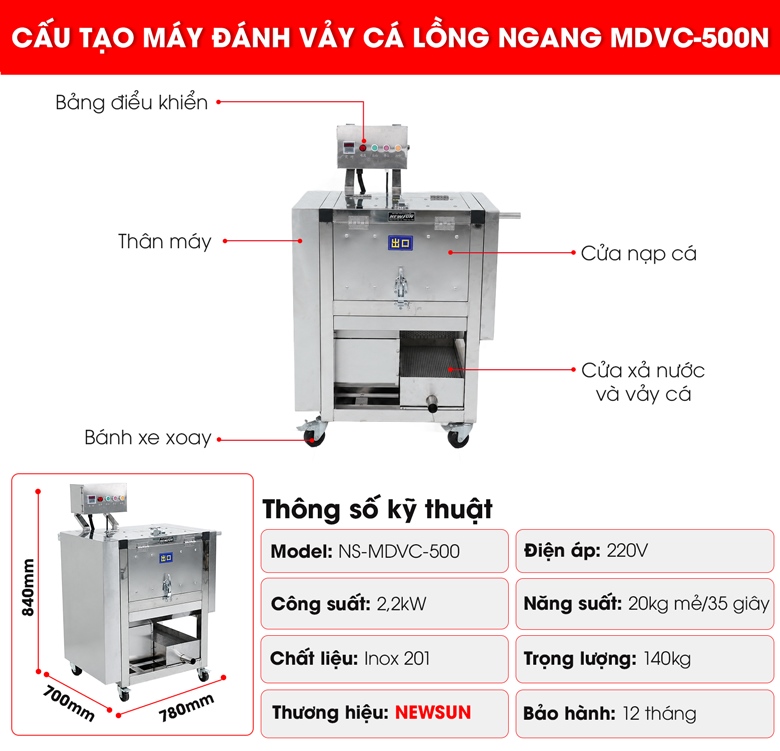 Cấu tạo của máy đánh vảy cá lồng ngang MDVC-500N