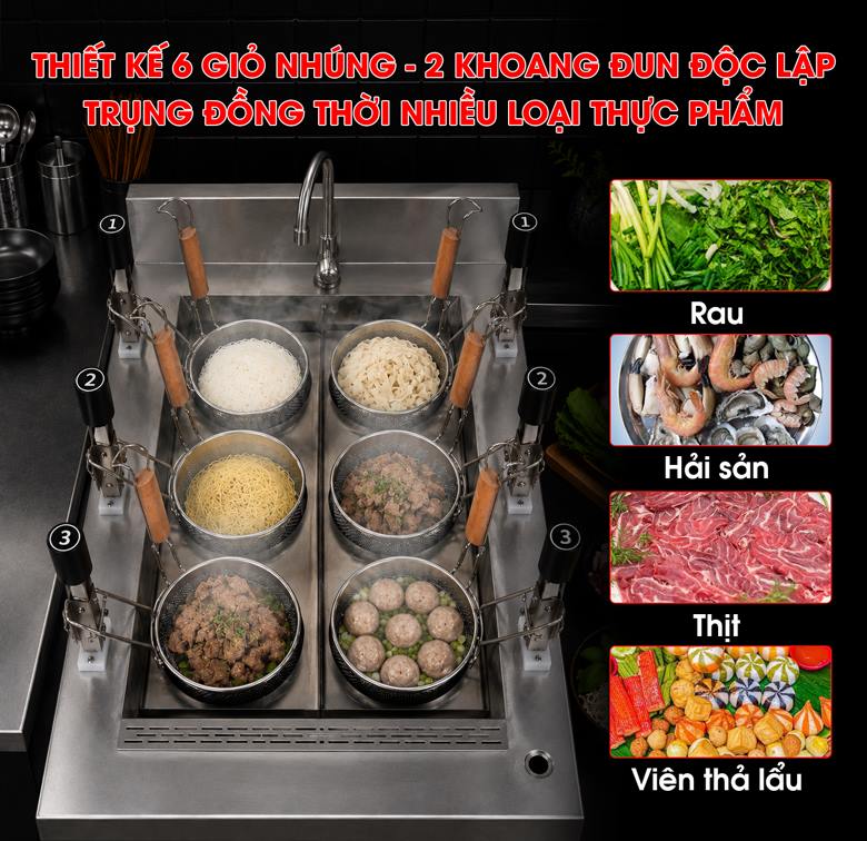 Thiết kế 6 giỏ nhúng đường kính 14cm - 2 khoang đun độc lập   