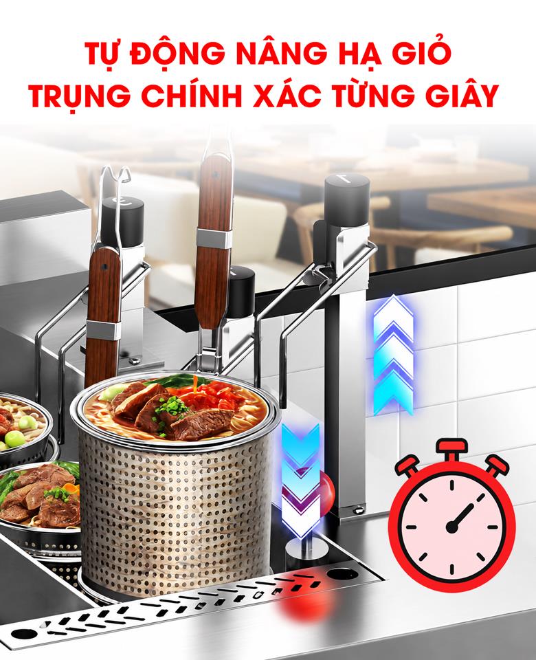 Hệ thống nâng hạ giỏ hoàn toàn tự động, không cần canh lửa 